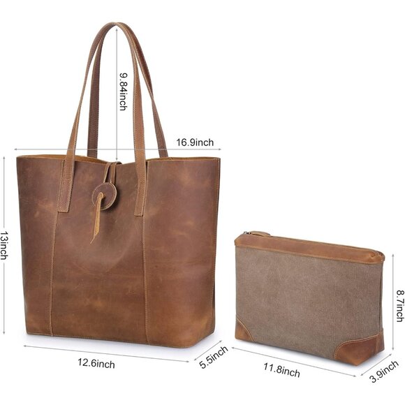Vintage Genuine Leather Tote Bag for Women - Large Stylish Handbag, Light Brown - Picture 4 of 6